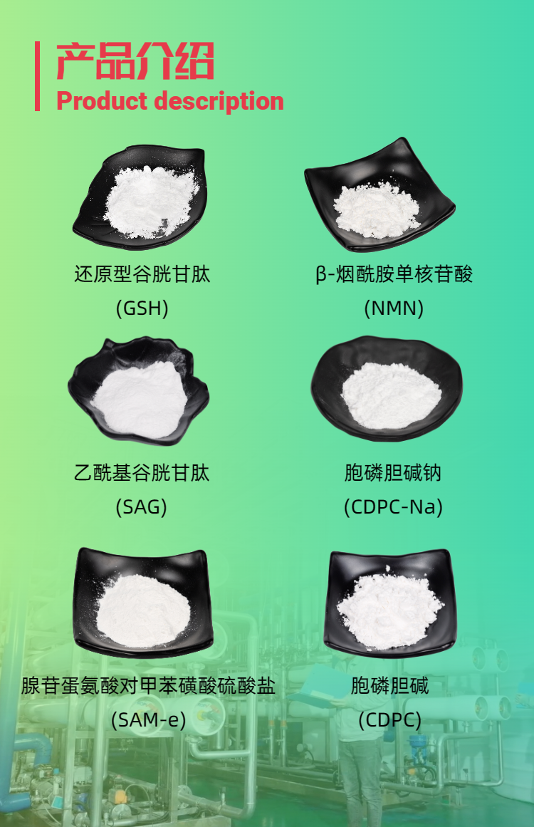 古特生物產品系列：還原型谷胱甘肽GSH、乙酰基谷胱甘肽SAG、煙酰胺單核苷酸NMN、胞磷膽堿鈉CDPC-Na、腺苷蛋氨酸對甲苯磺酸硫酸鹽SAMe